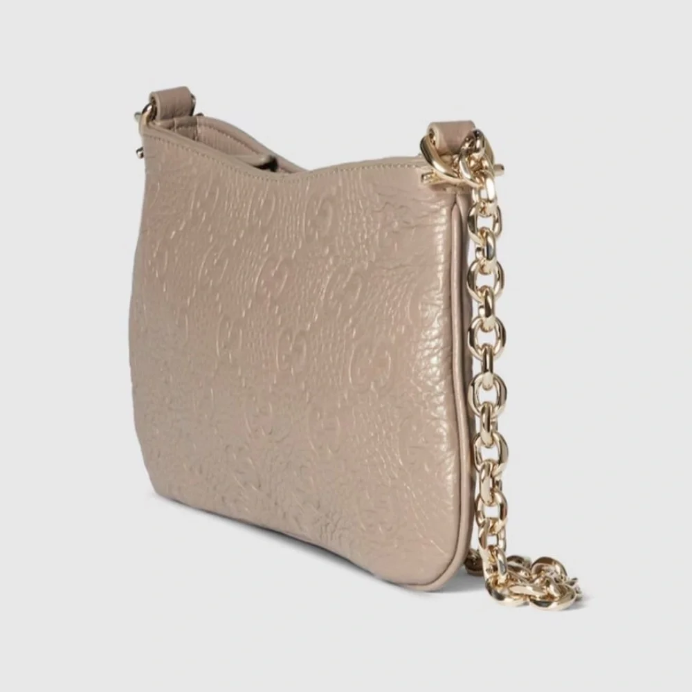 GUCCI GG EMBLEM SMALL LEATHER SHOULDER BAG TAUPE - Picture 6 of 13